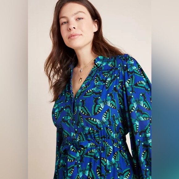 Anthropologie Maeve Blue Green Butterfly Pippa Button Up Shirt Dress sz XS - Picture 6 of 14